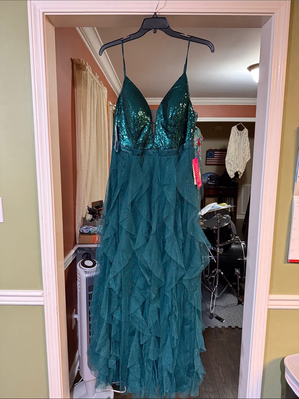 Dillards Pear Culture Emerald Sequin & Ruffle Prom Dress